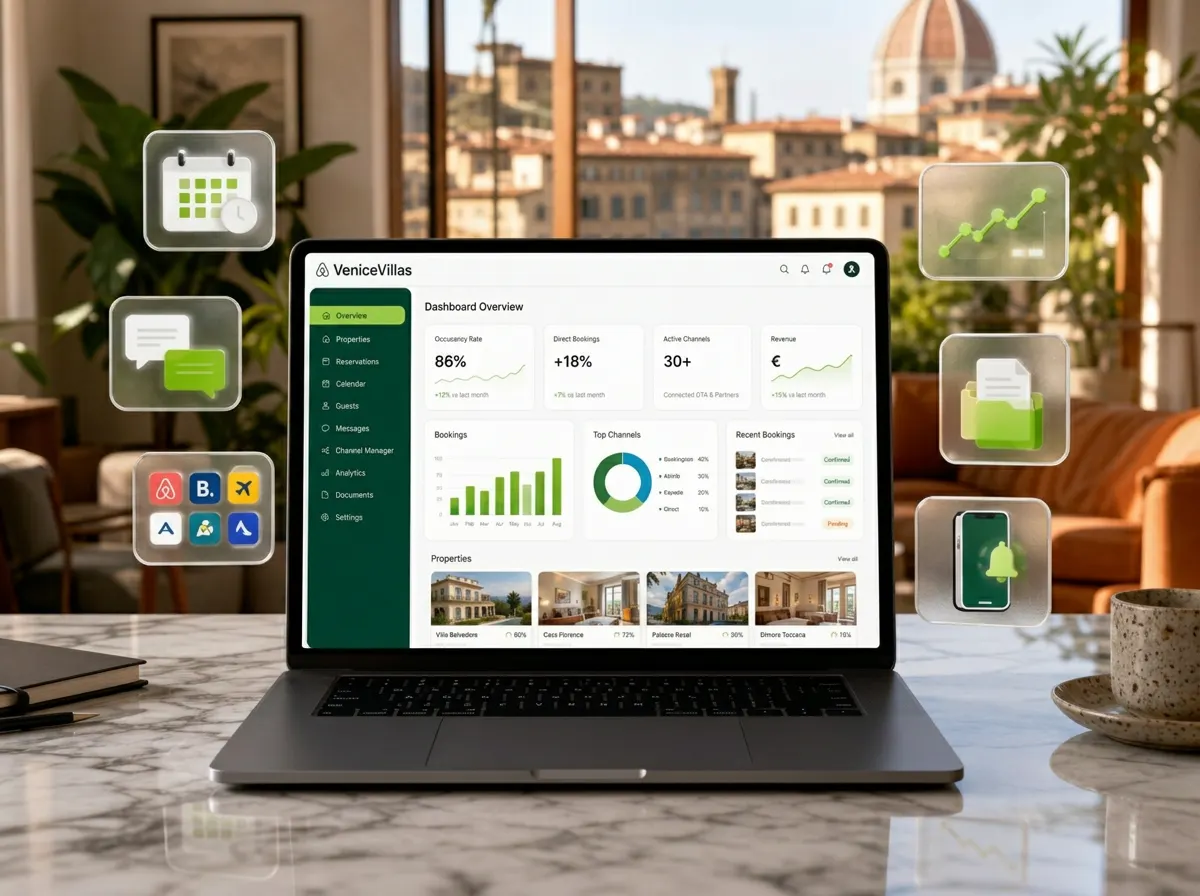 Dashboard Bookingzero su laptop con gestione canali, prenotazioni e supporto